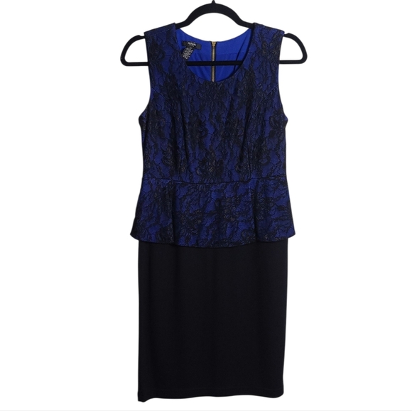 ALFANI Royal Blue With Black Lace Overlay / Black Skirt Sleeveless Dress Size 4P - Picture 1 of 14